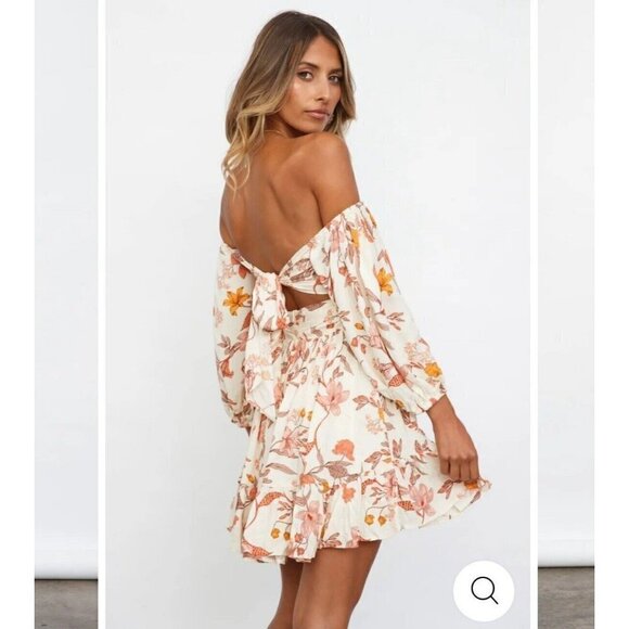 Here Comes The Sun Off Puff Sleeves Dress MEDIUM The Shoulders floral boho beige - Picture 1 of 16